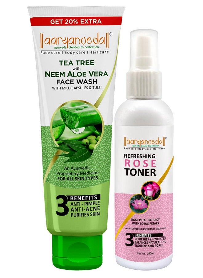 Tea Tree Face Wash With Neem & Aloe Vera Extracts, 120Ml And Rose Face Toner, 100Ml