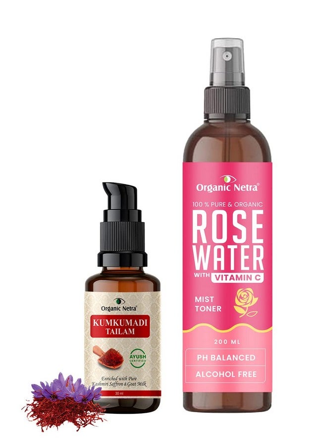 Rose Water With Vitamin C 200Ml & Ayurvedic Kumkumadi Tailam 30Ml Combo Set,Ayurvedic Glow Daily Night Regime (Set Of 2)