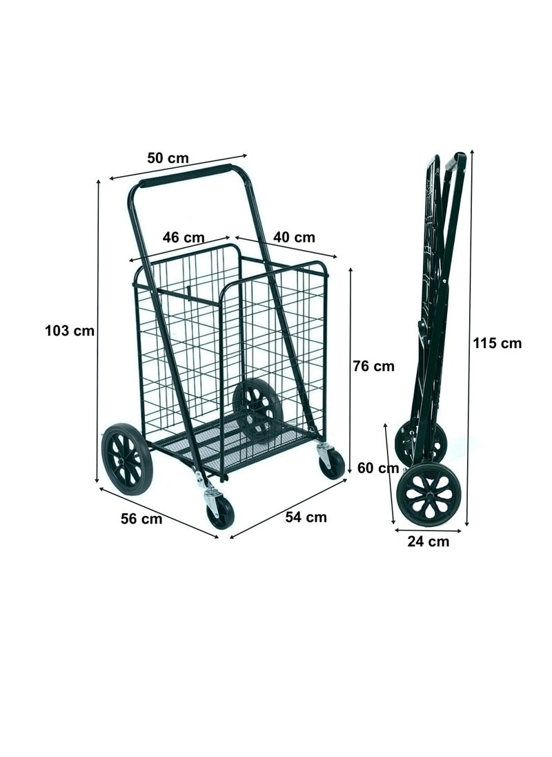 Heavy Duty Foldable Shopping Trolley Push Cart With Wheels, Folding Collapsible Grocery Storage Cart, Multipurpose Utility Transit Cart for Daily Use, Load Capacity 70kg