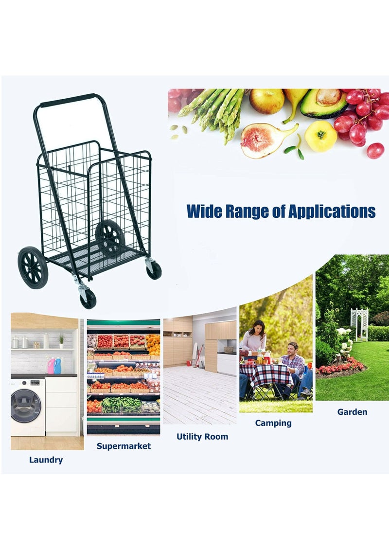 Heavy Duty Foldable Shopping Trolley Push Cart With Wheels, Folding Collapsible Grocery Storage Cart, Multipurpose Utility Transit Cart for Daily Use, Load Capacity 70kg