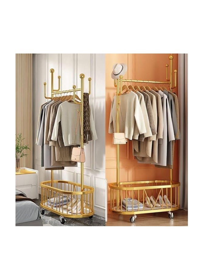 Metal Rolling Clothing Rack with Wheels, Heavy-Duty Garment Rack with Storage Shelf, 4 Hooks, and Sturdy Stand for Bedroom, Closet, and Living Room