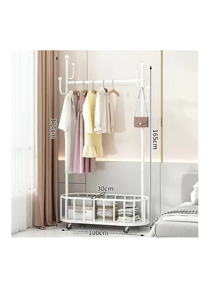 Metal Rolling Clothing Rack with Wheels, Heavy-Duty Garment Rack with Storage Shelf, 4 Hooks, and Sturdy Stand for Bedroom, Closet, and Living Room