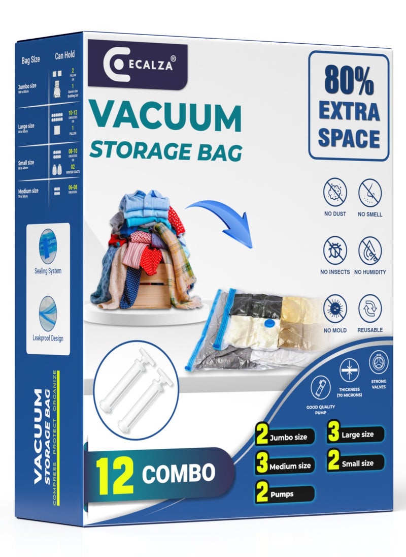 ECALZA® Vacuum Storage Bags - Pack of 12 (2Jumbo/4 Large/4 Medium/2 Pumps) Re-usable Travel Compression Storage Bags For Clothes, Comforters & Blankets - Space Saver Bags with Hand Pump