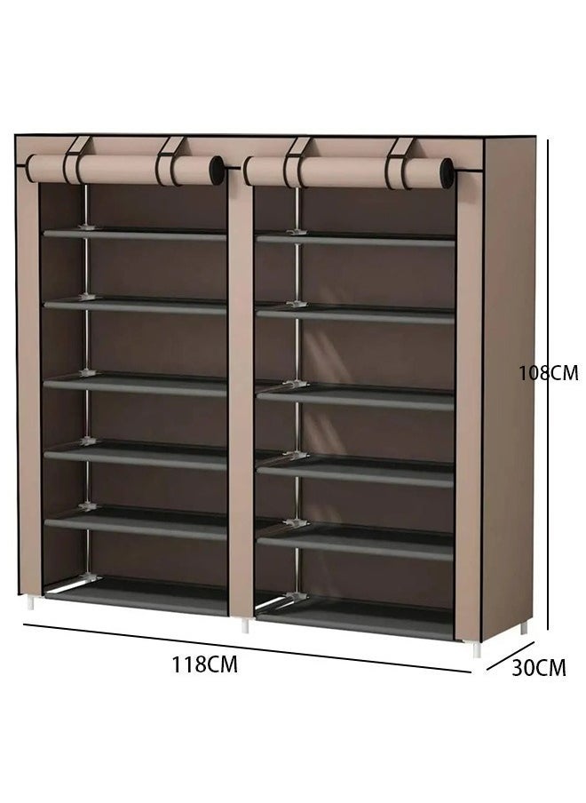 Double Row 12-Layer Non-woven Shoe Rack Storage Rack,Simple Installation,Waterproof and Dustproof,Brown