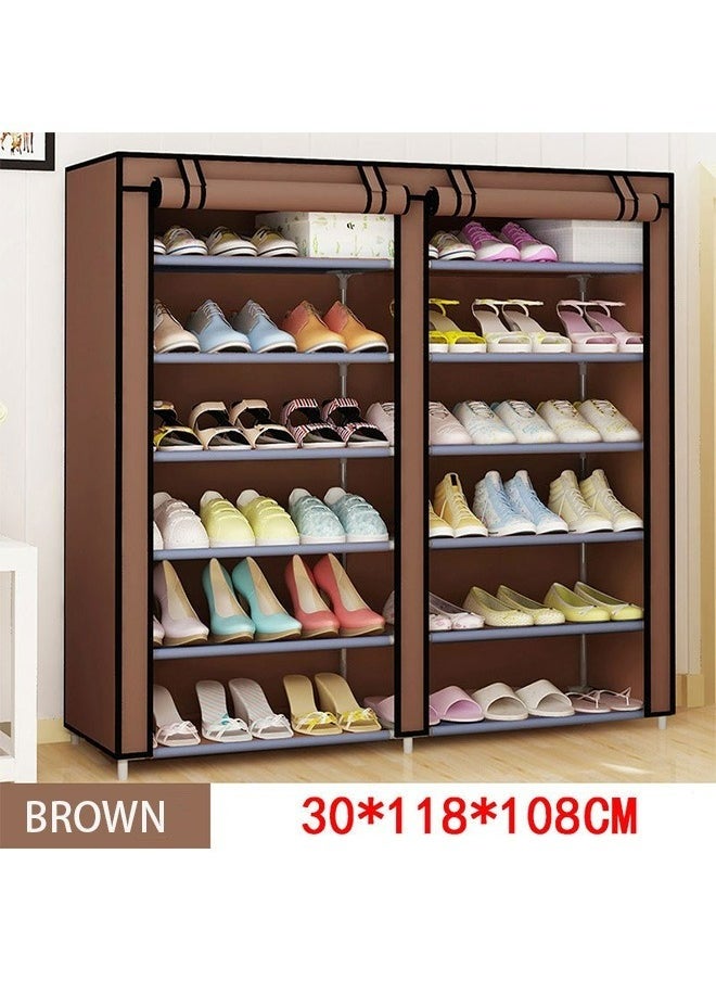 Double Row 12-Layer Non-woven Shoe Rack Storage Rack,Simple Installation,Waterproof and Dustproof,Brown