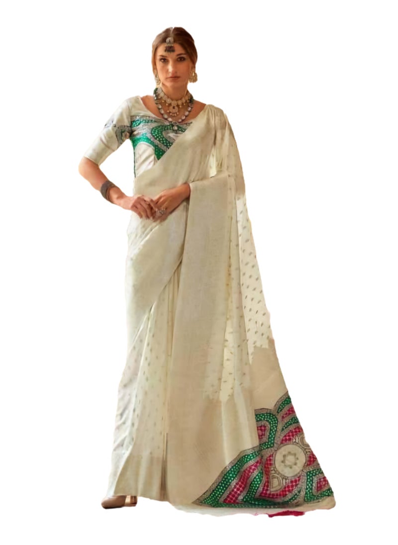 Traditional Silk White Saree With Golden Weaving Multicolour Design And Border Plus Unstitched Blouse