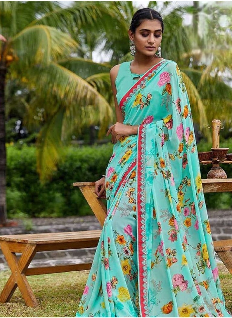 Georgette Light Blue Sari With floral Print And Lace Border All Over With Unstitched Blouse