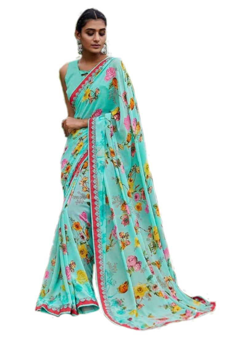 Georgette Light Blue Sari With floral Print And Lace Border All Over With Unstitched Blouse