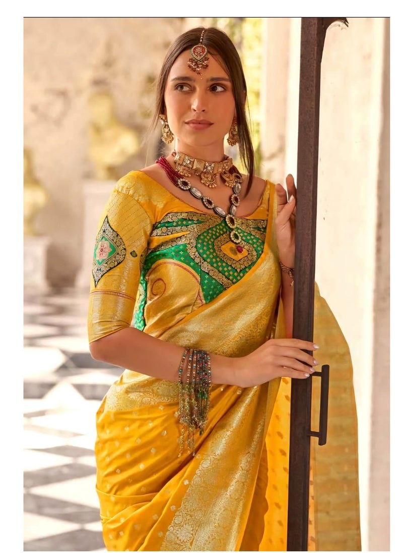 Traditional Weaving Yellow Sari With Golden Border And Multicolour Pallu Plus Unstitched Silk Blouse