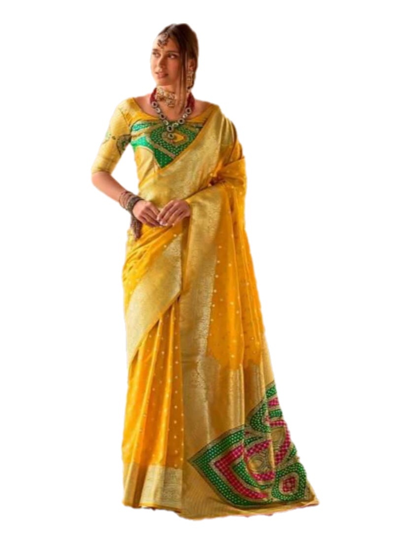 Traditional Weaving Yellow Sari With Golden Border And Multicolour Pallu Plus Unstitched Silk Blouse