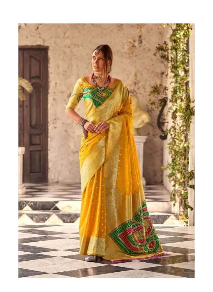 Traditional Weaving Yellow Sari With Golden Border And Multicolour Pallu Plus Unstitched Silk Blouse