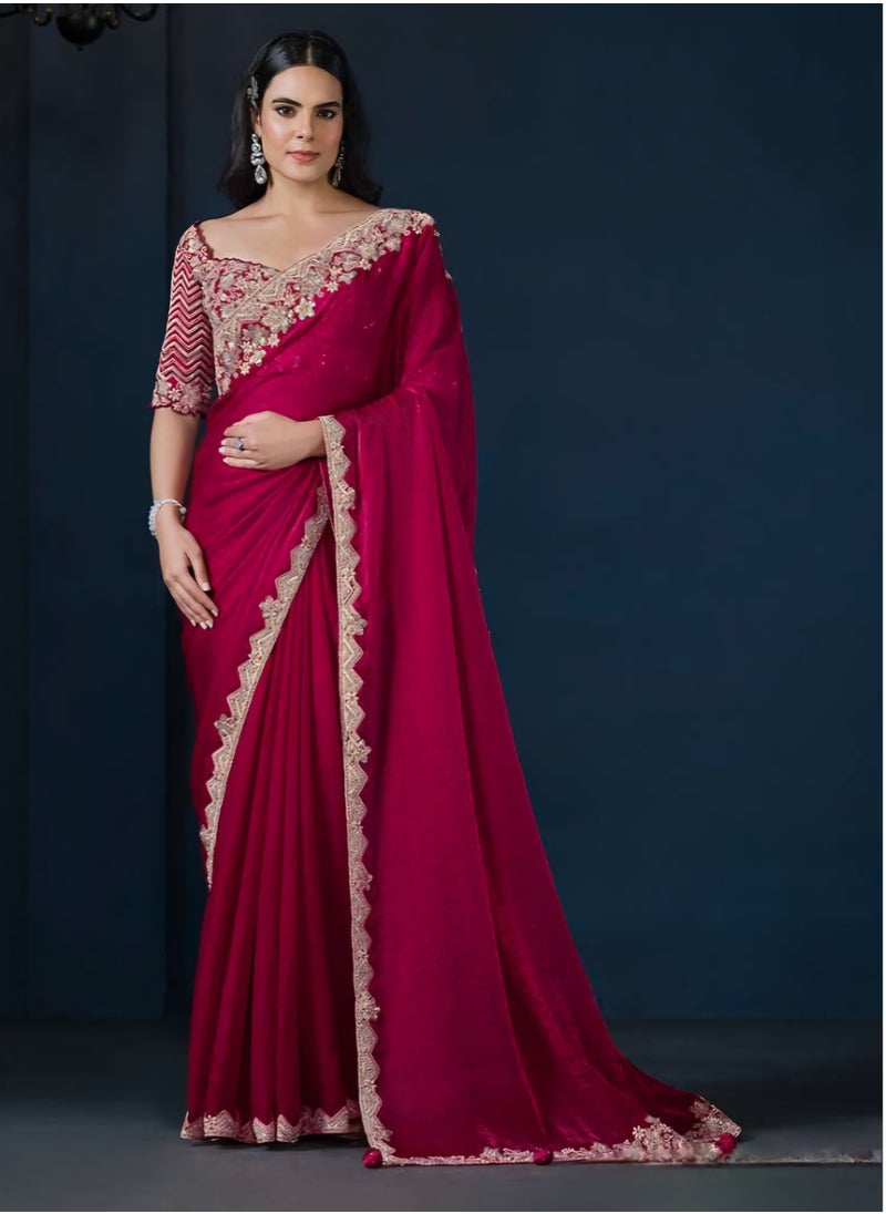 Pure Organza Red Silk Saree With Embroidered Work And Border Plus Designer Fancy Unstitched Blouse