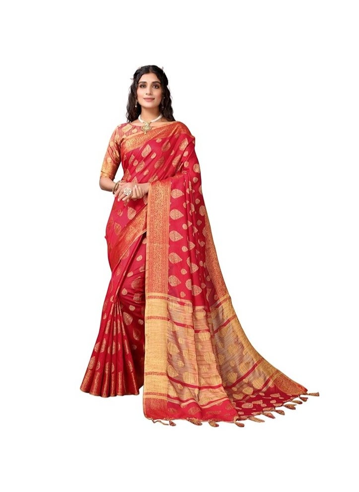 Women's Tassel & Self Woven Cotton Silk Saree with Unstitched Blouse Piece