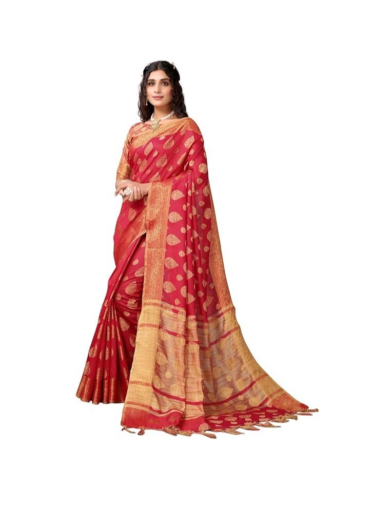 Women's Tassel & Self Woven Cotton Silk Saree with Unstitched Blouse Piece