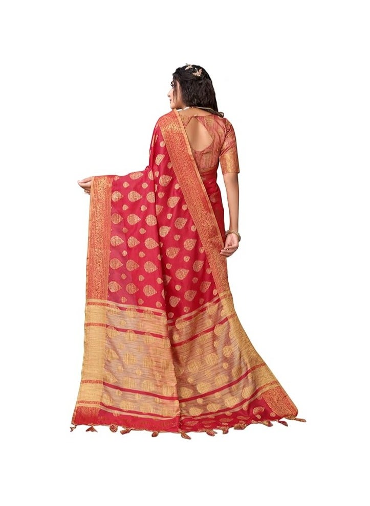 Women's Tassel & Self Woven Cotton Silk Saree with Unstitched Blouse Piece