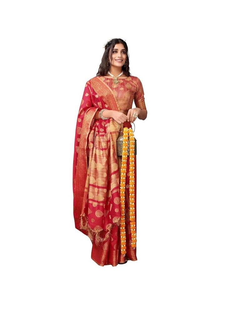 Women's Tassel & Self Woven Cotton Silk Saree with Unstitched Blouse Piece