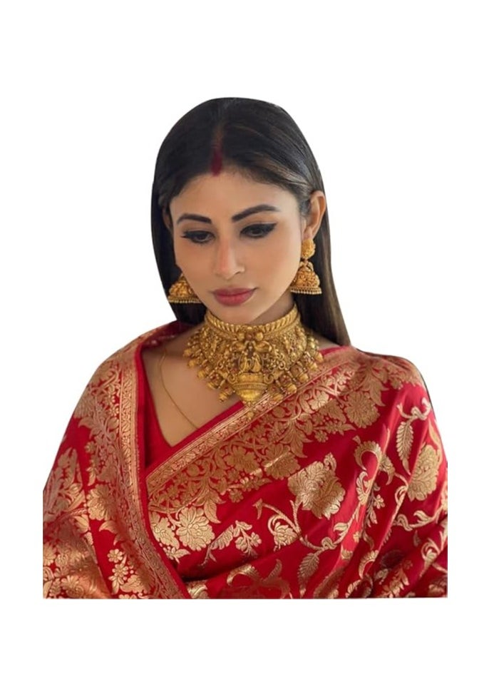 Women's Kanjivaram Soft Pure Silk Banarasi Sarees With Blouse Piece, Red