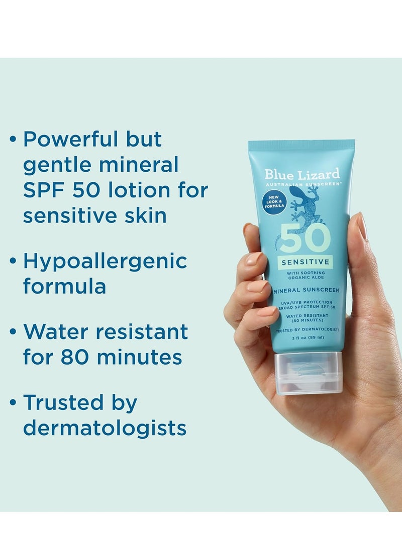 Blue Lizard SENSITIVE Mineral Sunscreen with Zinc Oxide, SPF 50+, Water Resistant, UVA/UVB Protection with Smart Cap Technology - Fragrance Free, 3 oz. Tube