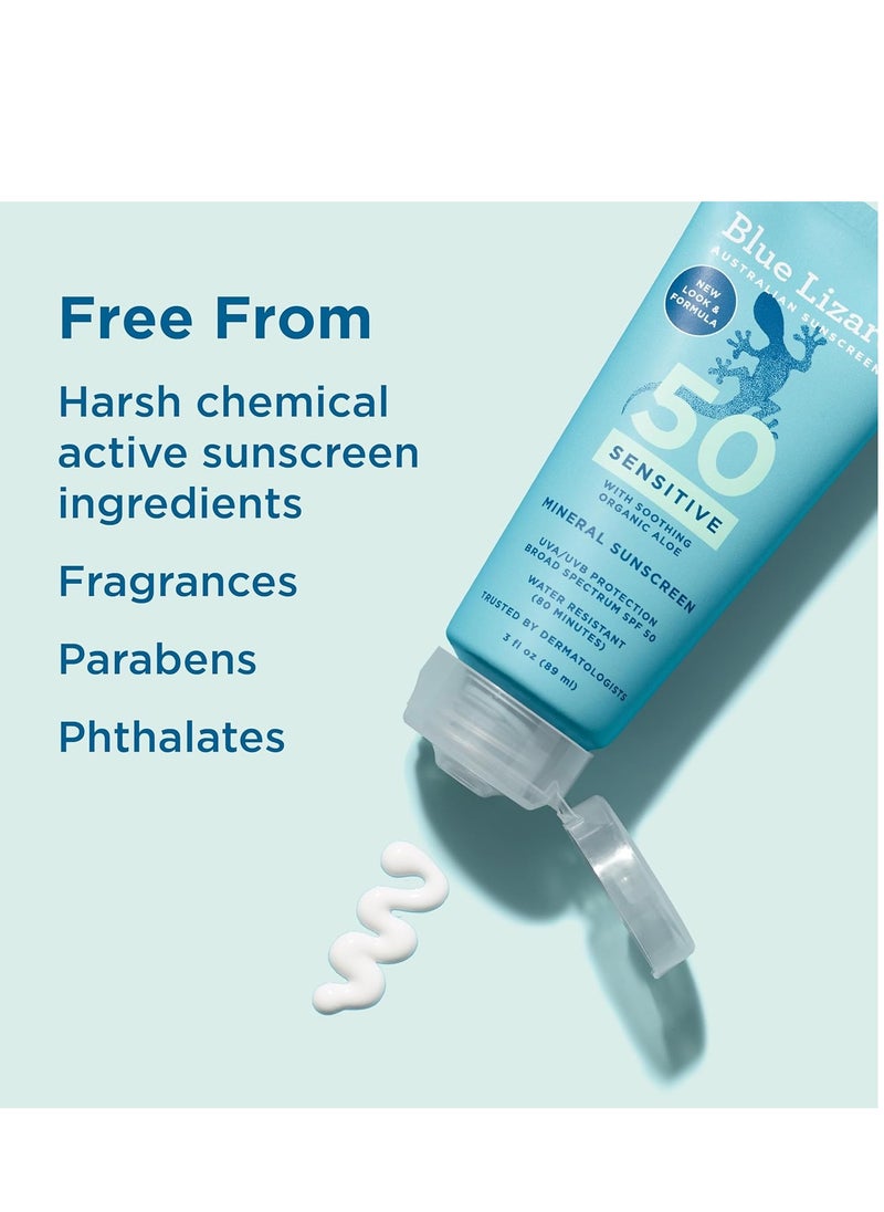 Blue Lizard SENSITIVE Mineral Sunscreen with Zinc Oxide, SPF 50+, Water Resistant, UVA/UVB Protection with Smart Cap Technology - Fragrance Free, 3 oz. Tube