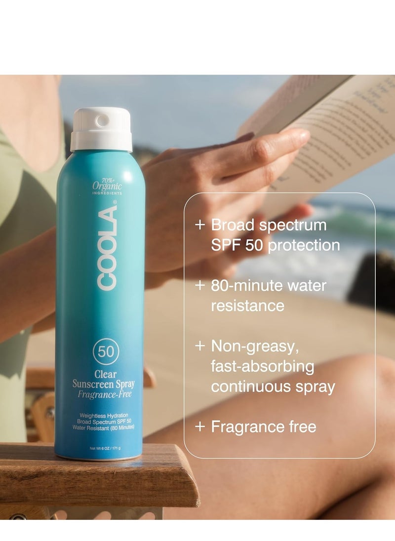 COOLA Organic Sunscreen SPF 50 Sunblock Spray, Dermatologist Tested Skin Care for Daily Protection, Vegan and Gluten Free, Fragrance Free, 6 Fl Oz