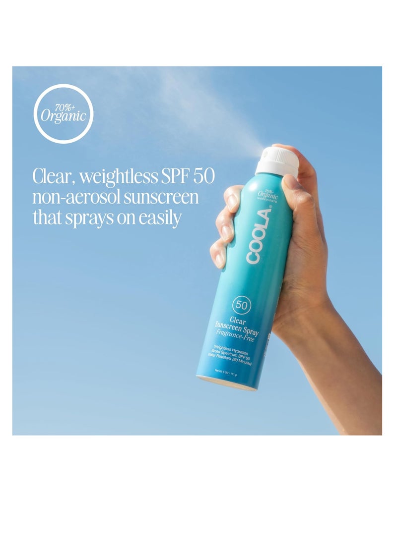 COOLA Organic Sunscreen SPF 50 Sunblock Spray, Dermatologist Tested Skin Care for Daily Protection, Vegan and Gluten Free, Fragrance Free, 6 Fl Oz