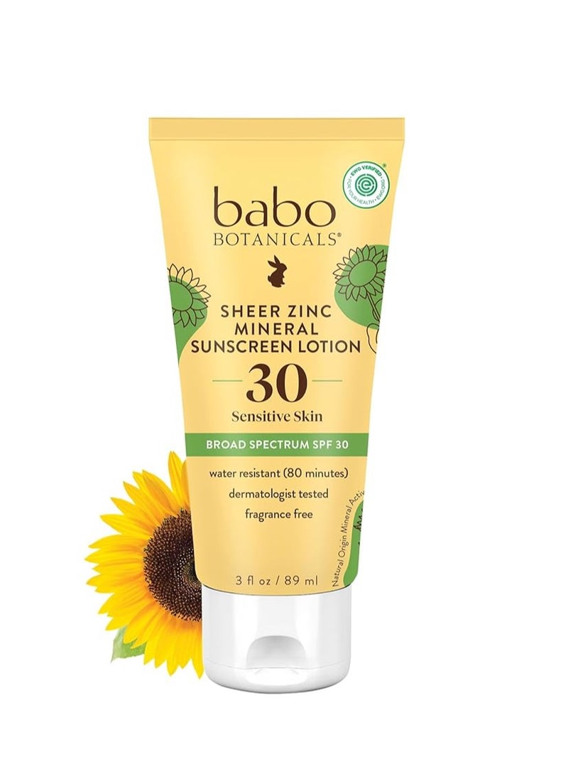 Babo Botanicals Sheer Zinc Mineral Sunscreen Lotion SPF30 - Natural Zinc Oxide - Shea Butter - Face & Body - Water Resistant - Fragrance-Free - EWG Verified - Vegan - For all ages - 1 or 2 Pack