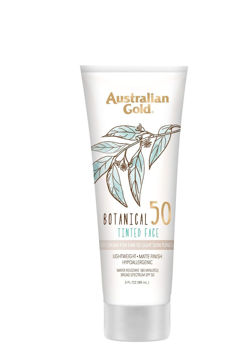 Australian Gold Botanical SPF 50 Tinted Face Sunscreen, Non-Chemical BB Cream, Water-Resistant, Matte Finish, Sensitive Skin, 3 FL Oz