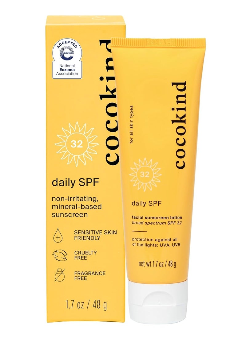 Cocokind Daily SPF, Mineral Face Sunscreen with Zinc Oxide, SPF 32, Reef Safe, Unscented, All Skin Types, Non-Toxic, Cruelty Free, 1.7 fl oz