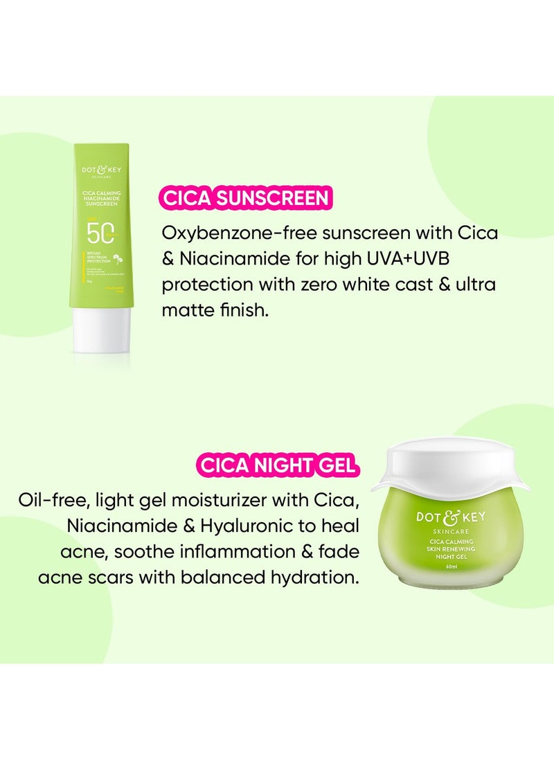 Heal, Soothe & Protect Cica Skin Care Combo (Cica Sunscreen 50gm & Cica Night Gel 60ml) | For Oily, Acne Prone & Sensitive Skin Protect & Care | For Women & Men.