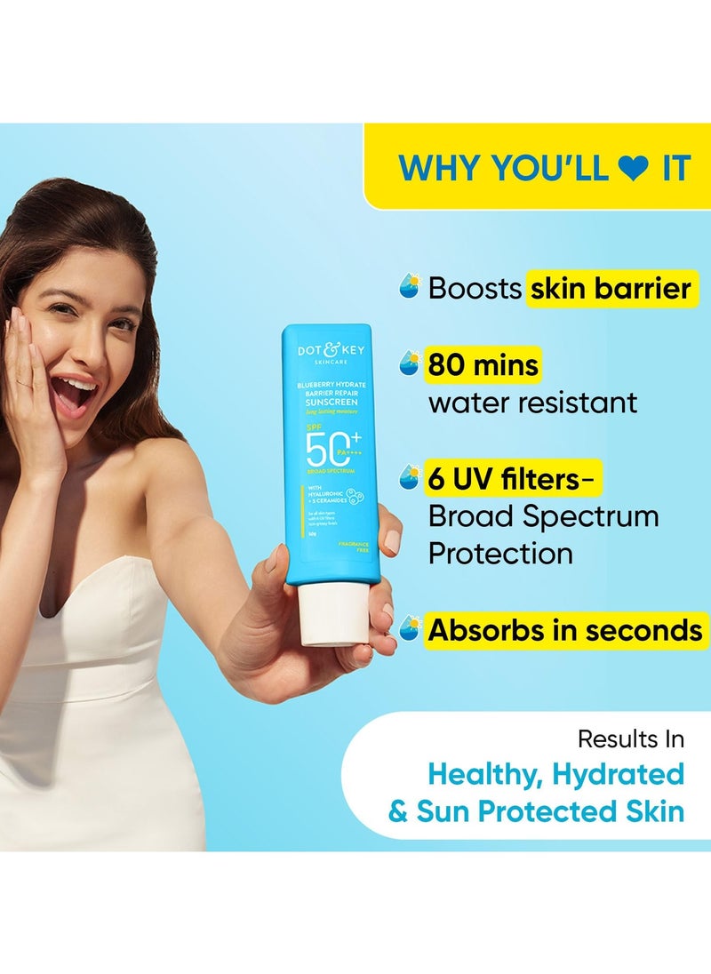 Blueberry Hydrate Barrier Repair Sunscreen SPF 50+, PA++++ | For Dry & Sensitive Skin | Non - Greasy Finish | No White Cast | UV & Blue Light Protection | Broad Spectrum