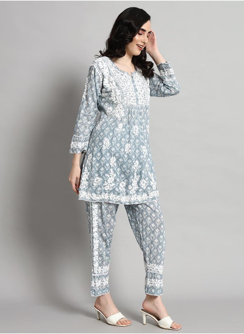 Hand Embroidered Chikankari Printed Mulmul Cotton Co-Ord Set for Women-AL4055