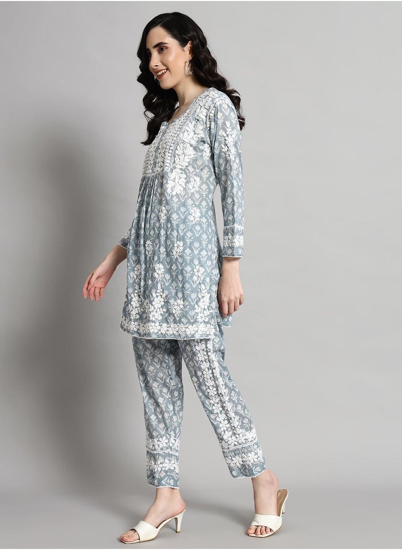 Hand Embroidered Chikankari Printed Mulmul Cotton Co-Ord Set for Women-AL4055