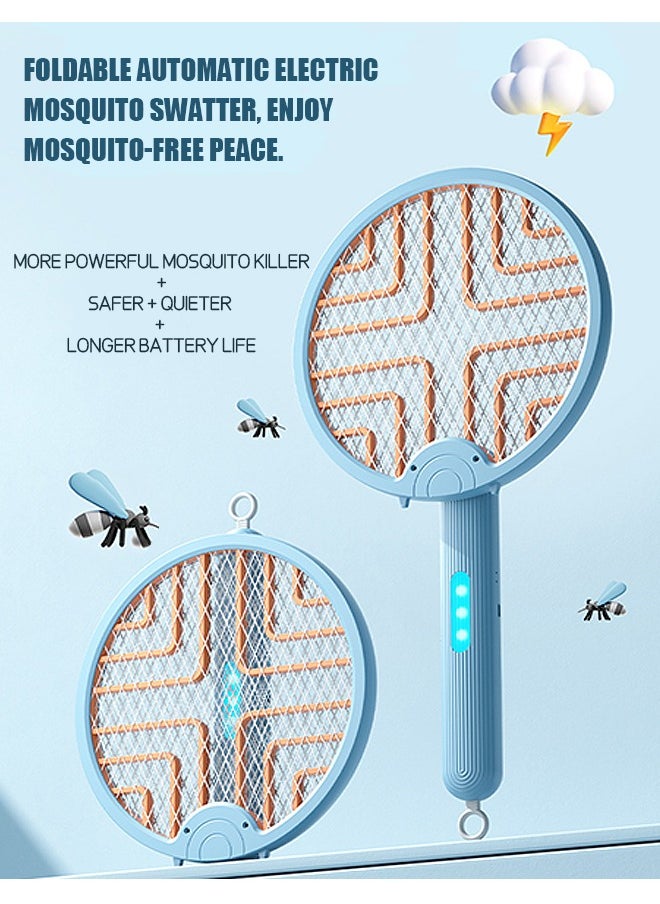 Electric Bug Zapper, 180° Folding 2 in 1 Smart Fly Swatter with Light, 3000V Detachable Dual Modes Fly Zapper, Powerful Mosquitoes Trap Lamp & Fly Killer Swatter (Blue)