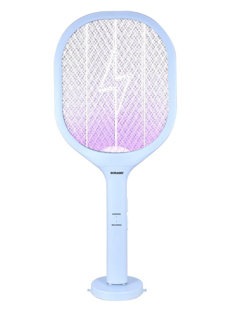 Rechargeable Mosquito Swatter - 500mAh Li-Ion Battery with High Power | Charging 1.5 Hrs with Light Indicator | Mosquito Bat with UV Light, Hanging Hook and Stand Base | Perfect for Indoor and Outdoor SMR-222U Blue