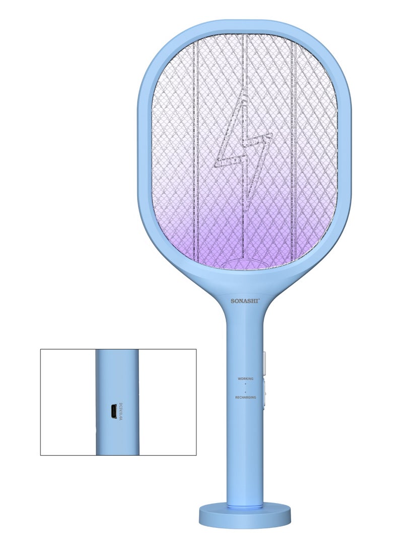 Rechargeable Mosquito Swatter - 500mAh Li-Ion Battery with High Power | Charging 1.5 Hrs with Light Indicator | Mosquito Bat with UV Light, Hanging Hook and Stand Base | Perfect for Indoor and Outdoor SMR-222U Blue