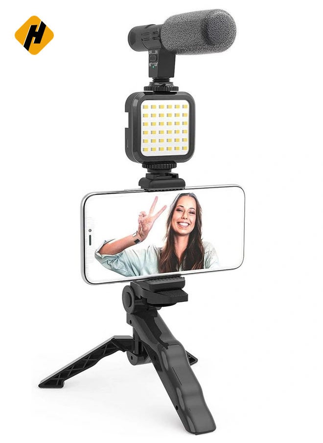 Vlogging Like Me LED Video Light + Microphone + Mobile Phone Holder + Hand Grip Mini Tripod Compatible with Smartphones for TikTok, Youtube, Live Streaming and Meetings