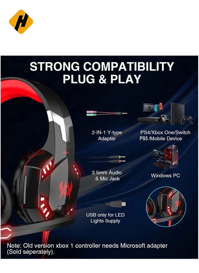 G2000 Gaming Headset, Surround Stereo Gaming Headphones with Noise Cancelling Mic, LED Light & Soft Memory Earmuffs, Works with Xbox One, PS4, Nintendo Switch, PC Mac Computer Games - Red