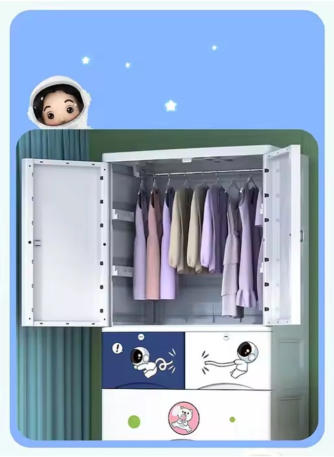 Children's Plastic Wardrobe with Astronaut Design - 65cm Wide, Double Doors, 2 Drawers - Durable & Space-Saving Storage Solution