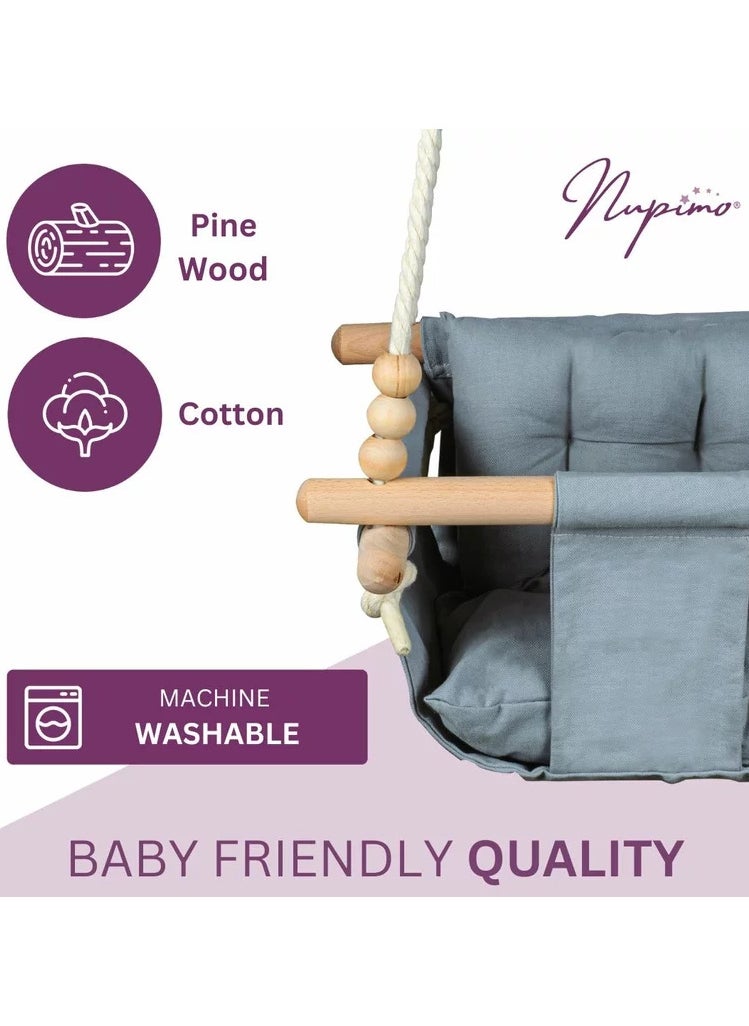 NUPIMO Canvas Baby Swing Outdoor and Indoor, Wooden Hanging Swing Seat Chair for Toddler Boys Girls, Infant Hammock Swing for Tree and Backyard Outside, Gray