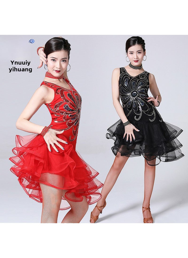 Sequin Latin Dance Costume Dress Black 5-piece set (single skirt + collar 1 + bracelet 2 + independent underpants 1)