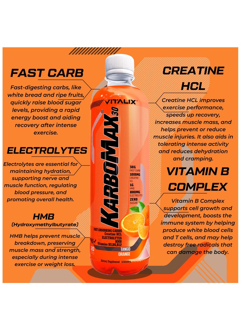 Vitalix KarboMax 30 Tango Orange - Fast Carb Drink with 30g Carbs, 1000mg HCL Creatine, 1g HMB, 880mg Electrolytes, Vitamins B, Zero Sugar, 500ml Pack of 12