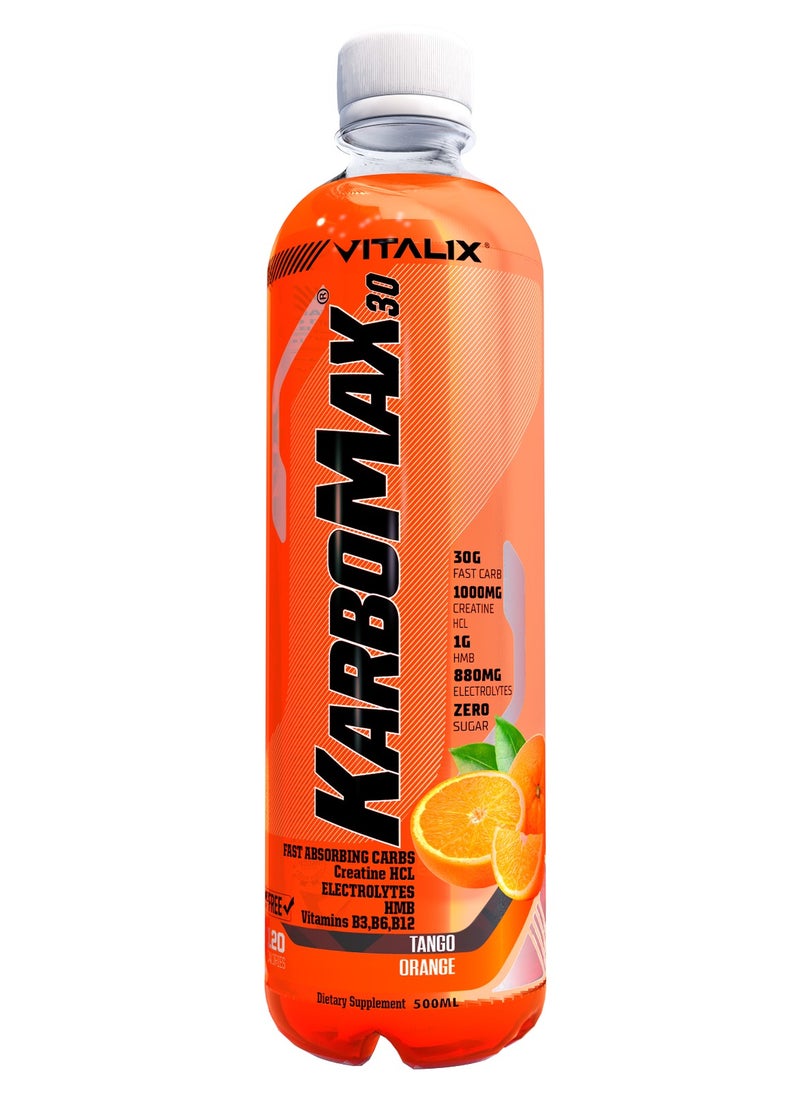 Vitalix KarboMax 30 Tango Orange - Fast Carb Drink with 30g Carbs, 1000mg HCL Creatine, 1g HMB, 880mg Electrolytes, Vitamins B, Zero Sugar, 500ml Pack of 12