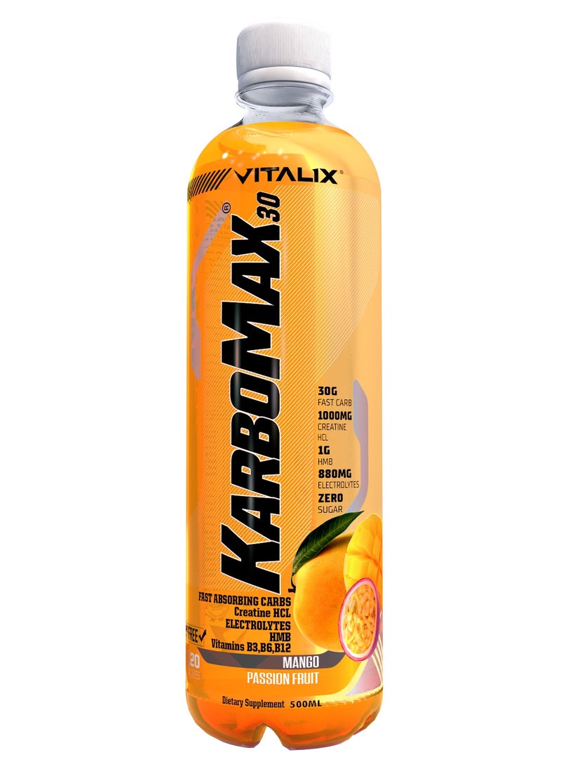 Vitalix KarboMax 30 Mango Passion Fruit - Fast Carb Drink with 30g Carbs, 1000mg HCL Creatine, 1g HMB, 880mg Electrolytes, Vitamins B, Zero Sugar, 500ml Pack of 12