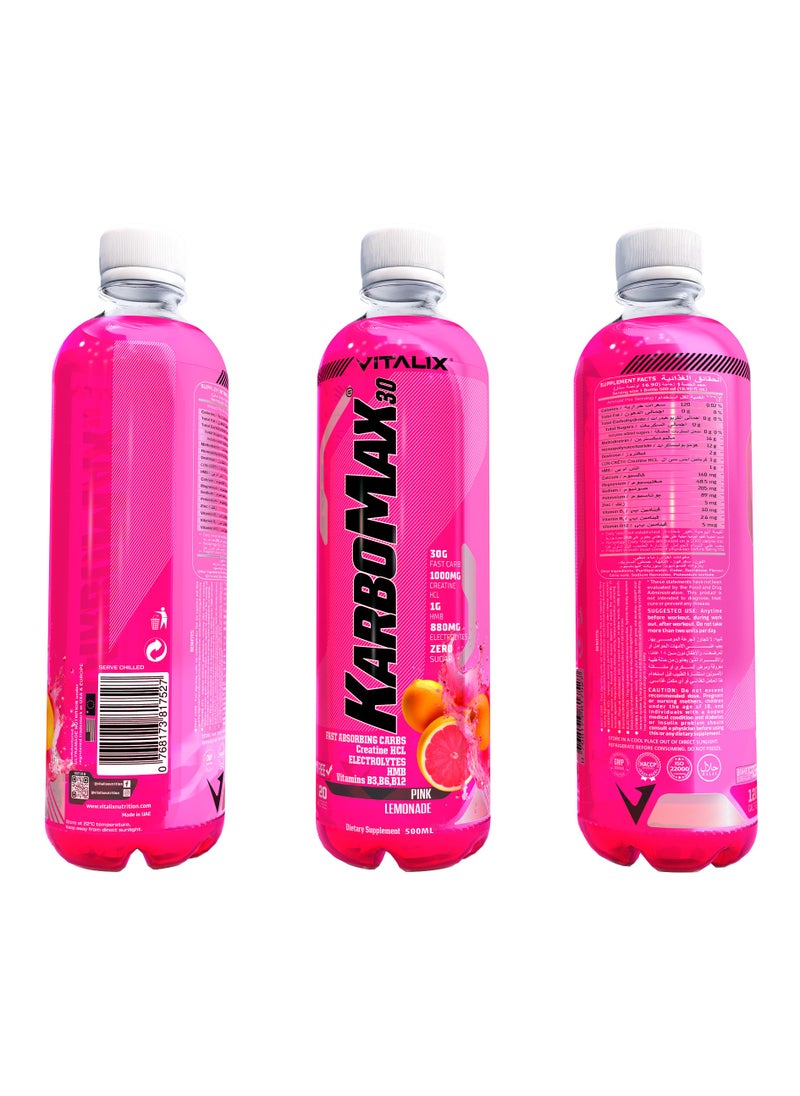 Vitalix KarboMax 30 Pink Lemonade - Fast Carb Drink with 30g Carbs, 1000mg HCL Creatine, 1g HMB, 880mg Electrolytes, Vitamins B, Zero Sugar, 500ml Pack of 12