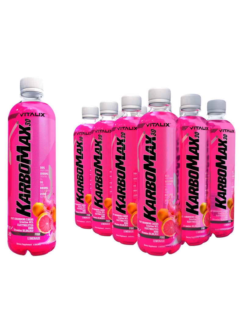 Vitalix KarboMax 30 Pink Lemonade - Fast Carb Drink with 30g Carbs, 1000mg HCL Creatine, 1g HMB, 880mg Electrolytes, Vitamins B, Zero Sugar, 500ml Pack of 12