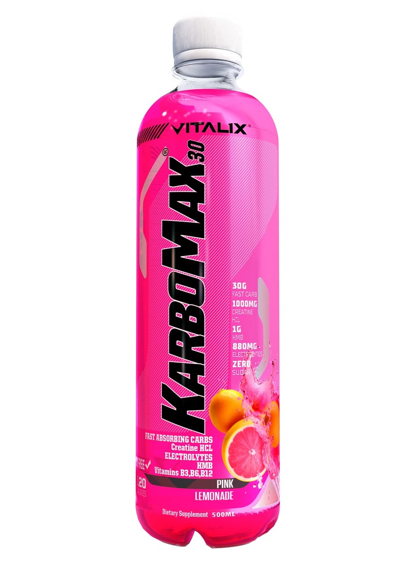 Vitalix KarboMax 30 Pink Lemonade - Fast Carb Drink with 30g Carbs, 1000mg HCL Creatine, 1g HMB, 880mg Electrolytes, Vitamins B, Zero Sugar, 500ml Pack of 12