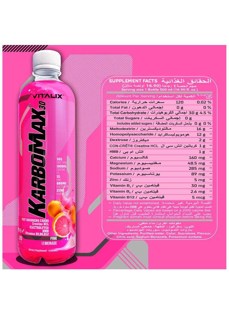 Vitalix KarboMax 30 Pink Lemonade - Fast Carb Drink with 30g Carbs, 1000mg HCL Creatine, 1g HMB, 880mg Electrolytes, Vitamins B, Zero Sugar, 500ml Pack of 12