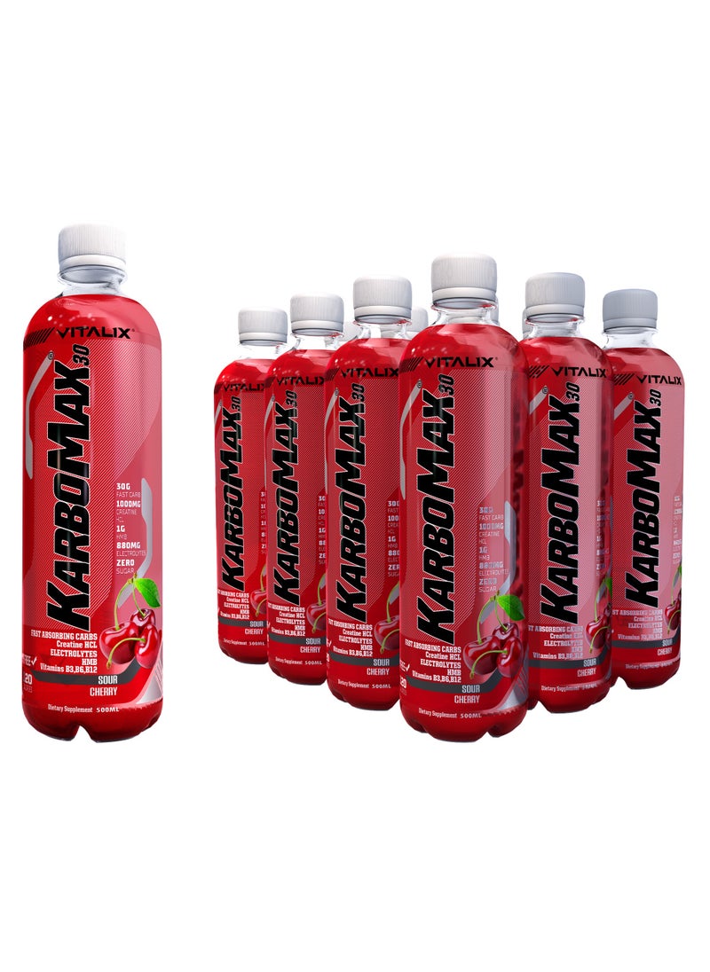 Vitalix KarboMax 30 Sour Cherry - Fast Carb Drink with 30g Carbs, 1000mg HCL Creatine, 1g HMB, 880mg Electrolytes, Vitamins B, Zero Sugar, 500ml Pack of 12