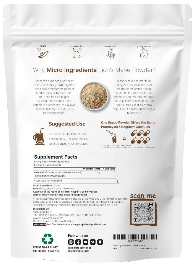 Micro Ingredients Organic Lions Mane Mushroom Supplement Powder, 16 Ounce | Nootropic for Mental Clarity Energy & Immune Support | Non-GMO Vegan