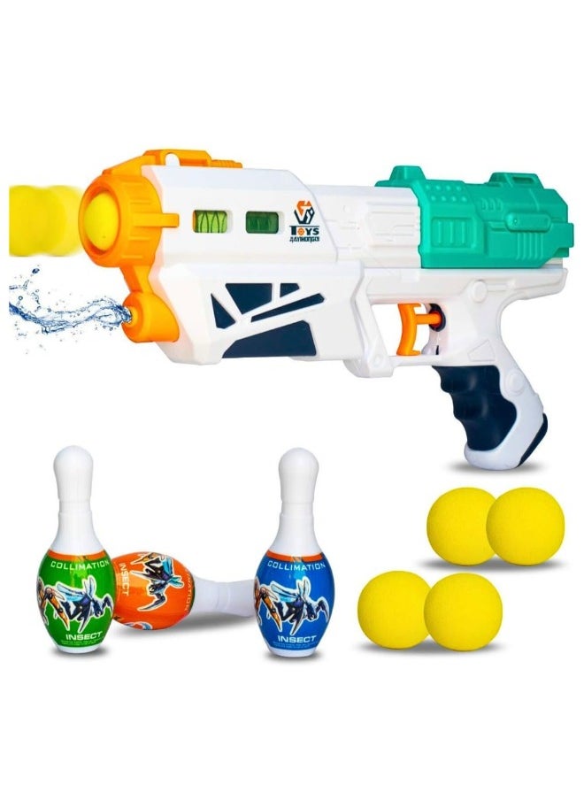 3-in-1 Bowling & Water Shooting Elite Toy Set | Soft Foam Balls, Bowling Pins & Magic Blaster Water Spray Gun for Kids Ages 3+